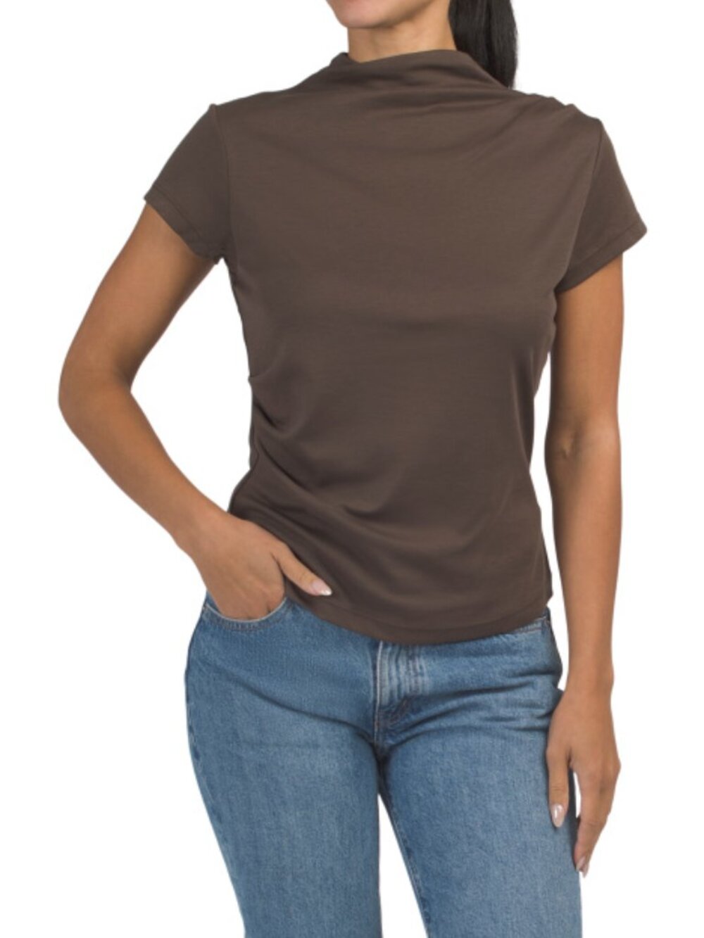 RACHEL ZOE Brown Pima Cotton Short Sleeve Funnel Neck Tee Top